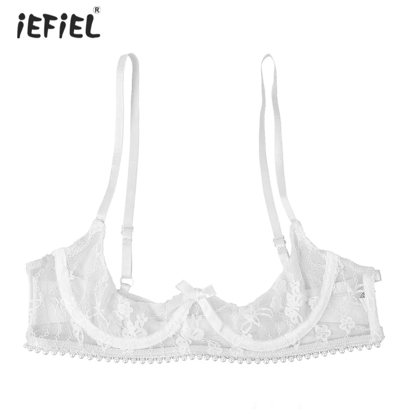 

Sexy Women's Erotic See Through Sheer Lace Bra Top Lingerie Bras Adjustable Straps Pearl Trimmed Open Bra Top Bralette Nightwear