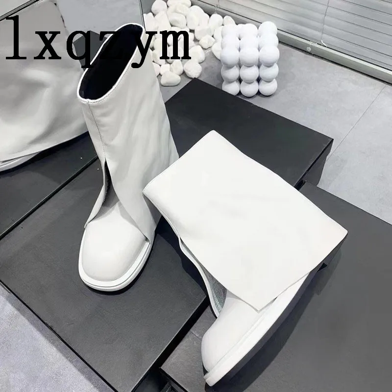 

Ankle Boots White Black Women Leather Genuine Round Toe Split Shape Punk Boots Design Runway Flats Fashion Winter Botas De Mujer