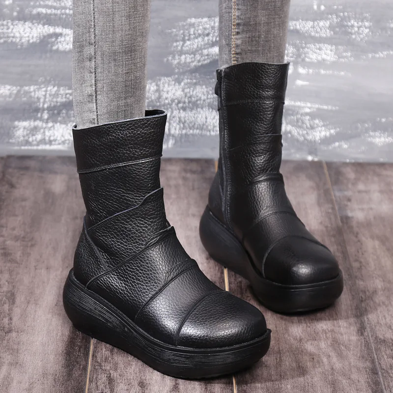 

Красивая обувь из натуральной кожи, женские ботинки, зимняя красивая женская повседневная обувь, ботильоны на платформе для женщин, черная ...