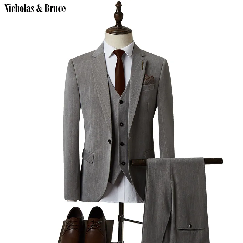 N & B Полосатый Свадебный костюм для мужчин (пиджак + жилет брюки) мужские костюмы