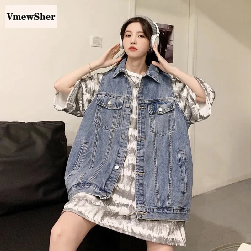 

VmewSher New Vintage Spring Women Vest Sleeveless Denim Jacket Loose Female Solid Turndown Collar Jean Waistcoat Autumn Outwear