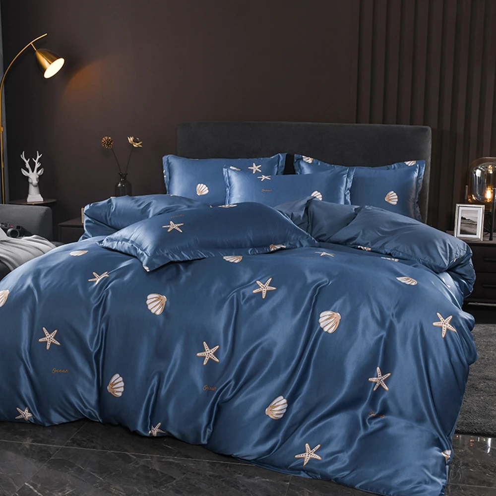 

Blue Luxury 3/4pcs Mulberry Silk Bedding Set Star Duvet Cover Sets Quilt Cover Flat Sheet Pillowcases Twin Full Queen King