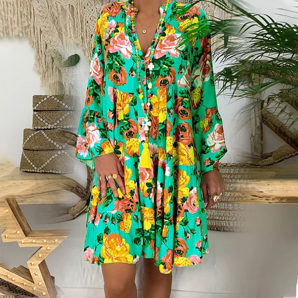 Fashion Summer Women Boho Floral Long Sleeve Dress Holiday Beach Shirt Ladies Print Mini Plus Size | Женская одежда