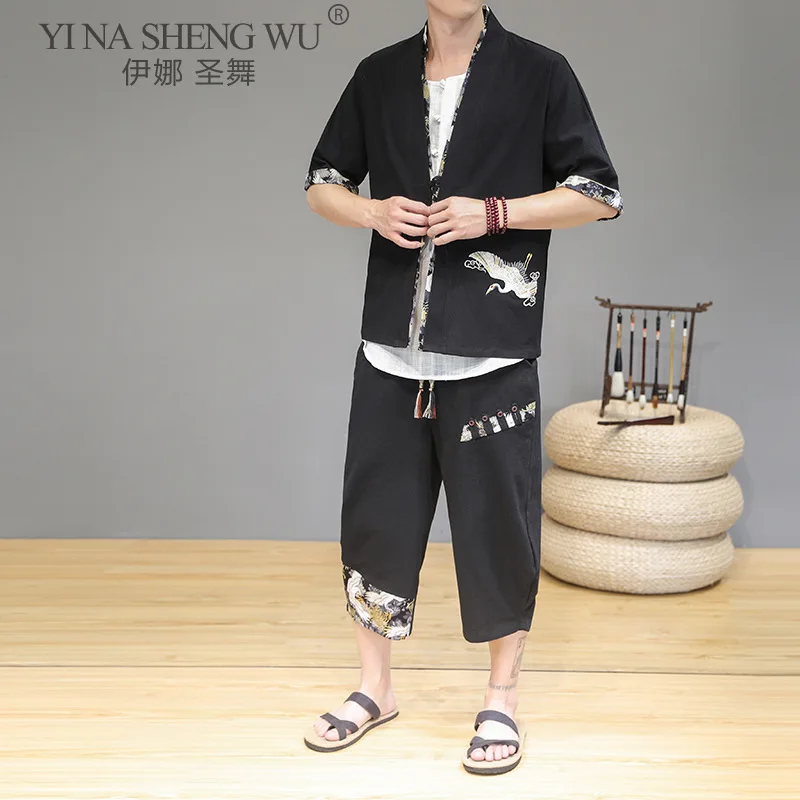 Japanese Style Kimono Suit Traditional Embroidery Men Clothing Jacket Male Pants Samurai Costume | Тематическая одежда и