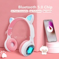 cute cat ear wireless headphones bluetooth headset glowing led with mic for kids children pc phone girl multi mode game headset