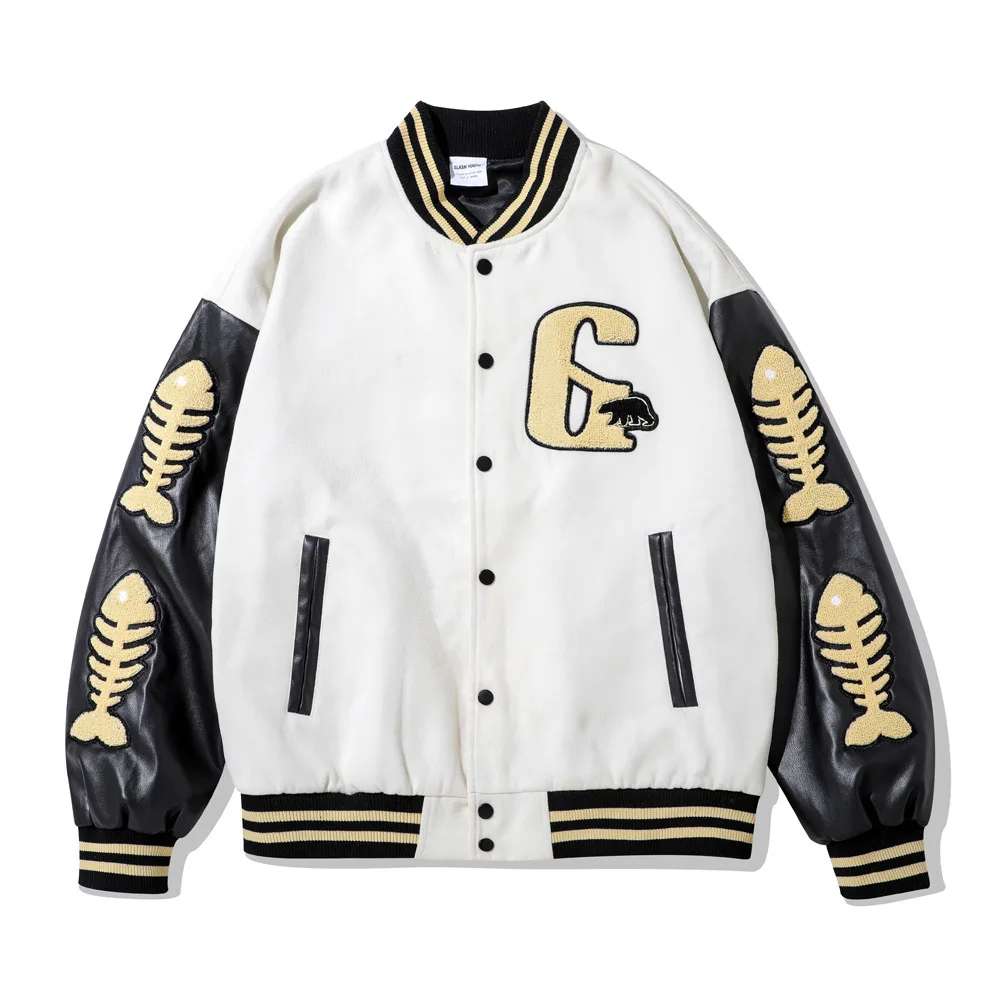 

EukaaRu PU Leather Sleeve Letter Embroidered Jacket Men's Street Hip Hop Fashion Loose Jackets Boys Baseball Jacket Winter Coat