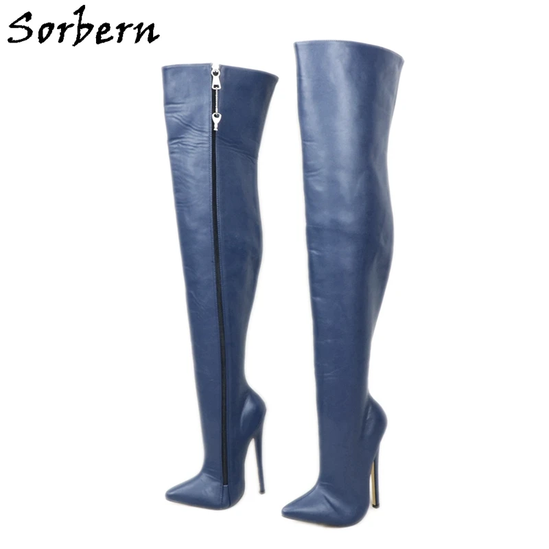 

Sorbern Navy Blue Over The Knee Boots For Women Mid Thigh High Ladies Boot Stilettos Pointy Toe 18Cm High Heels Lockable Zipper