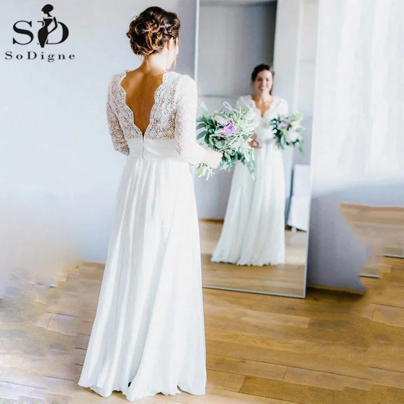 

Boho See Through V Neck Wedding Dress 3/4 Sleeve Backless Lace and Chiffon Bridal Dress Wedding Gowns Vestido De Noiva