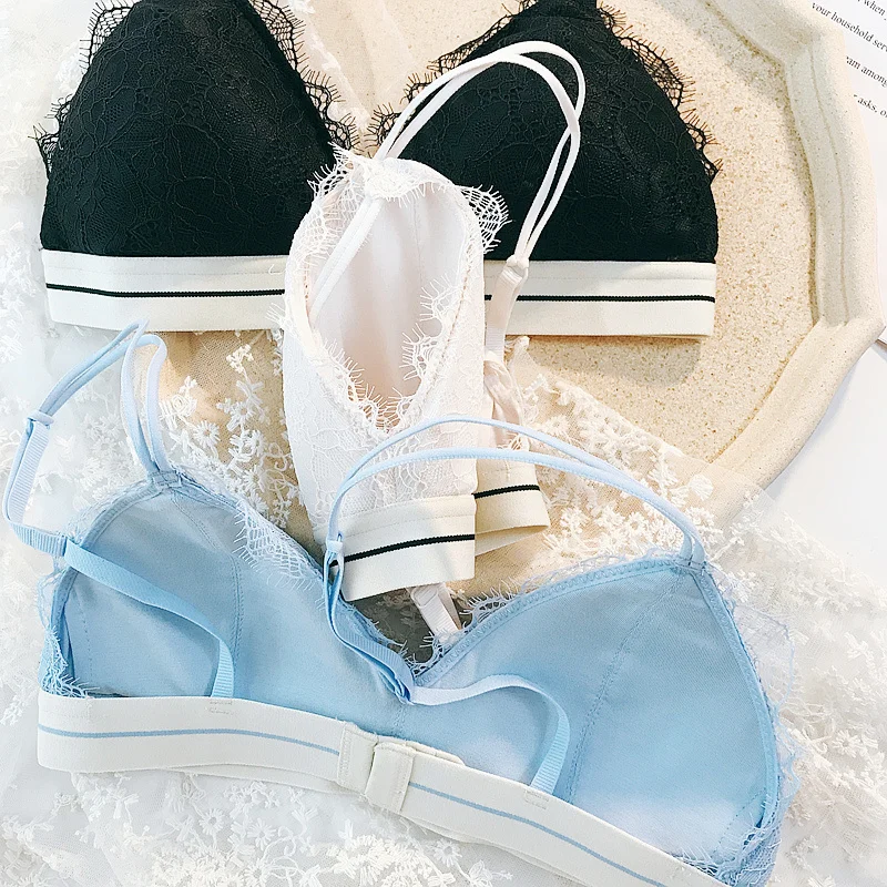 

Wriufred Girl sexy lace triangle cup bra set thin shoulder strap comfortable underwear summer ultra-thin lingerie panties set
