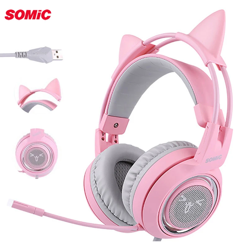 SOMIC G951 USB розовые наушники с кошачьими ушками Virtual 7 1 шумоподавление Игровые