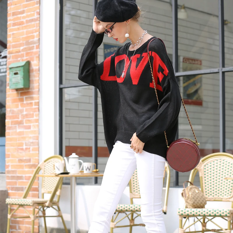 

Fashion Love Printing Sweater For Women High Street Casual O-neck Batwing Sleeve Knitted Top Jumper Sweet Pullover Sweater 2020