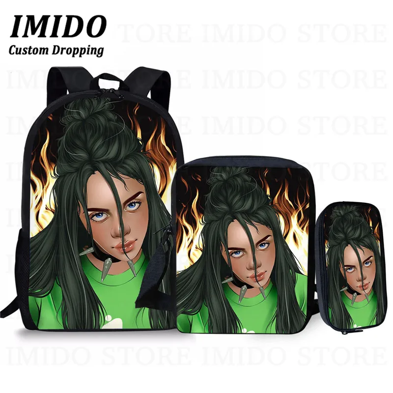 IMIDO, школьный рюкзак для девочек-подростков в стиле хип-хоп Billie Eilish, комплект из 3 предметов, школьные сумки для студентов и студентов, сумка для книг, Повседневная сумка, подарок