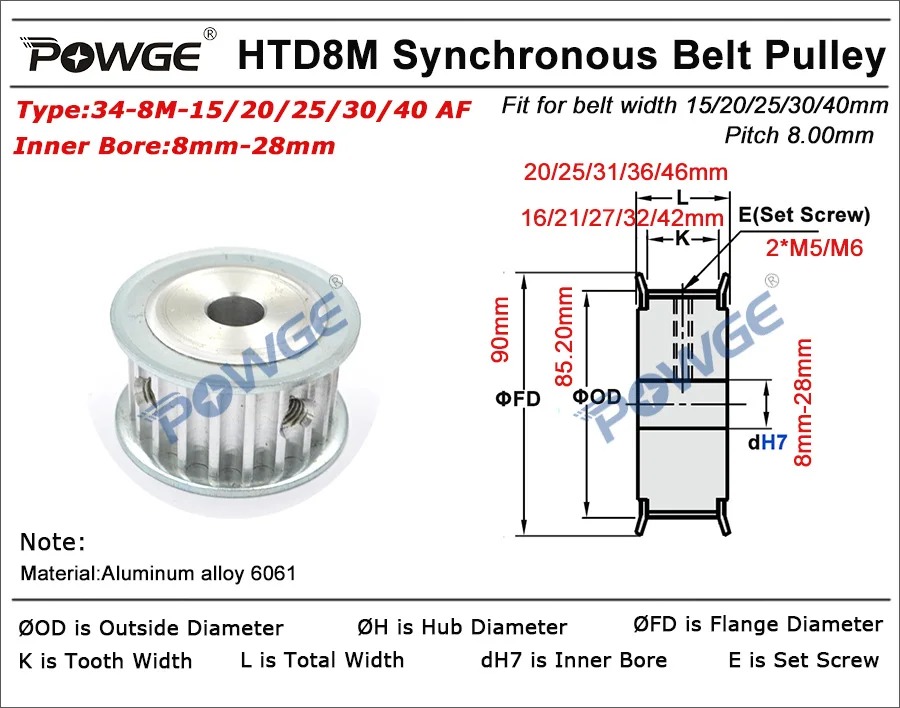 Зубчатый шкив с круглым отверстием 8-28 мм для ремня шириной 25/30/40 34-8 м 34 Т |