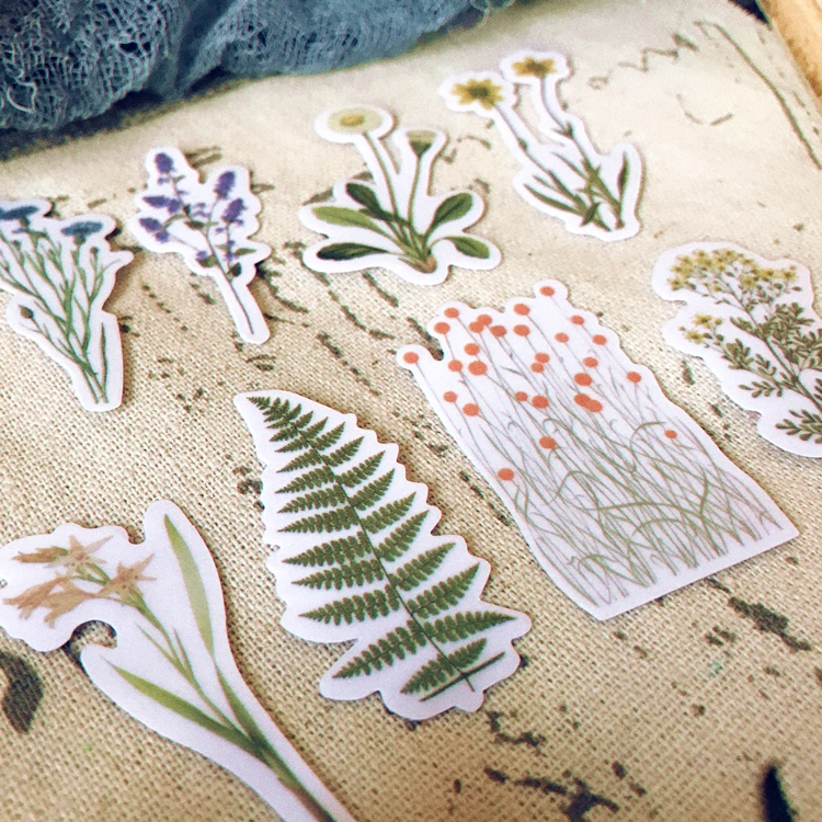 8 наклеек для дневника в винтажном стиле маленькая трава листья бархатная