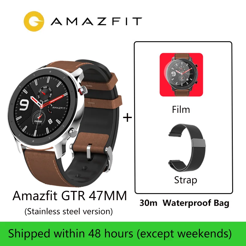47 Stainless Steel Смарт-часы Amazfit GTR, 47 мм, Xiaomi Huami 5ATM, водонепроницаемые спортивные Смарт-часы, 24 дня, батарея, управление музыкой, с gps, пульсометр - Цвет: 47 Stainless Steel