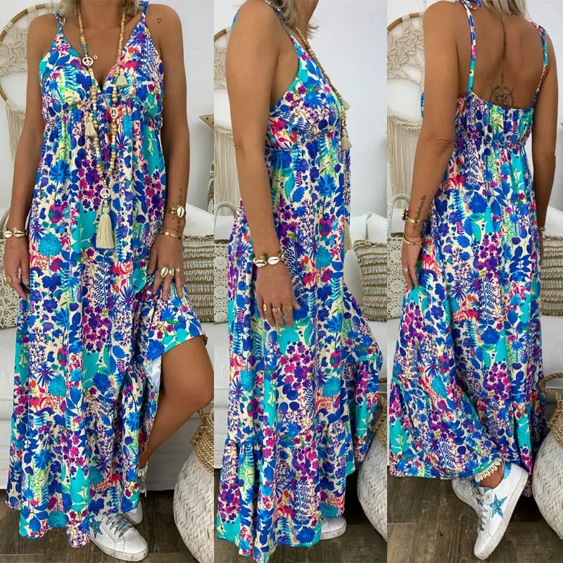 

Womens Boho Floral Maxi Dress Party Strappy Summer Beach Holiday Spaghetti Strap Sundress Plus Size S M L XL 2XL 3XL 4XL 5XL