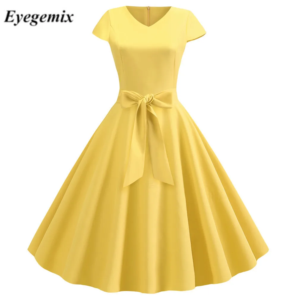 Желтое летнее платье в винтажном стиле для женщин 50-60х годов рокабилли платья