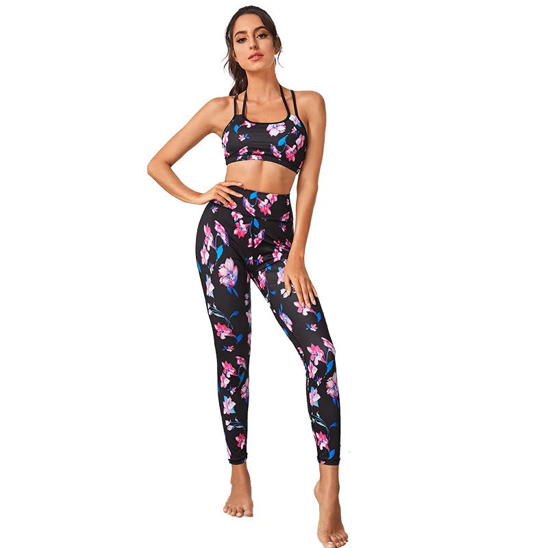 

Seamless Black Floral Printing Yoga Suits For Women Outfit Workout Clothes Leggings Sports Bra Gym Sports Fitness Suit