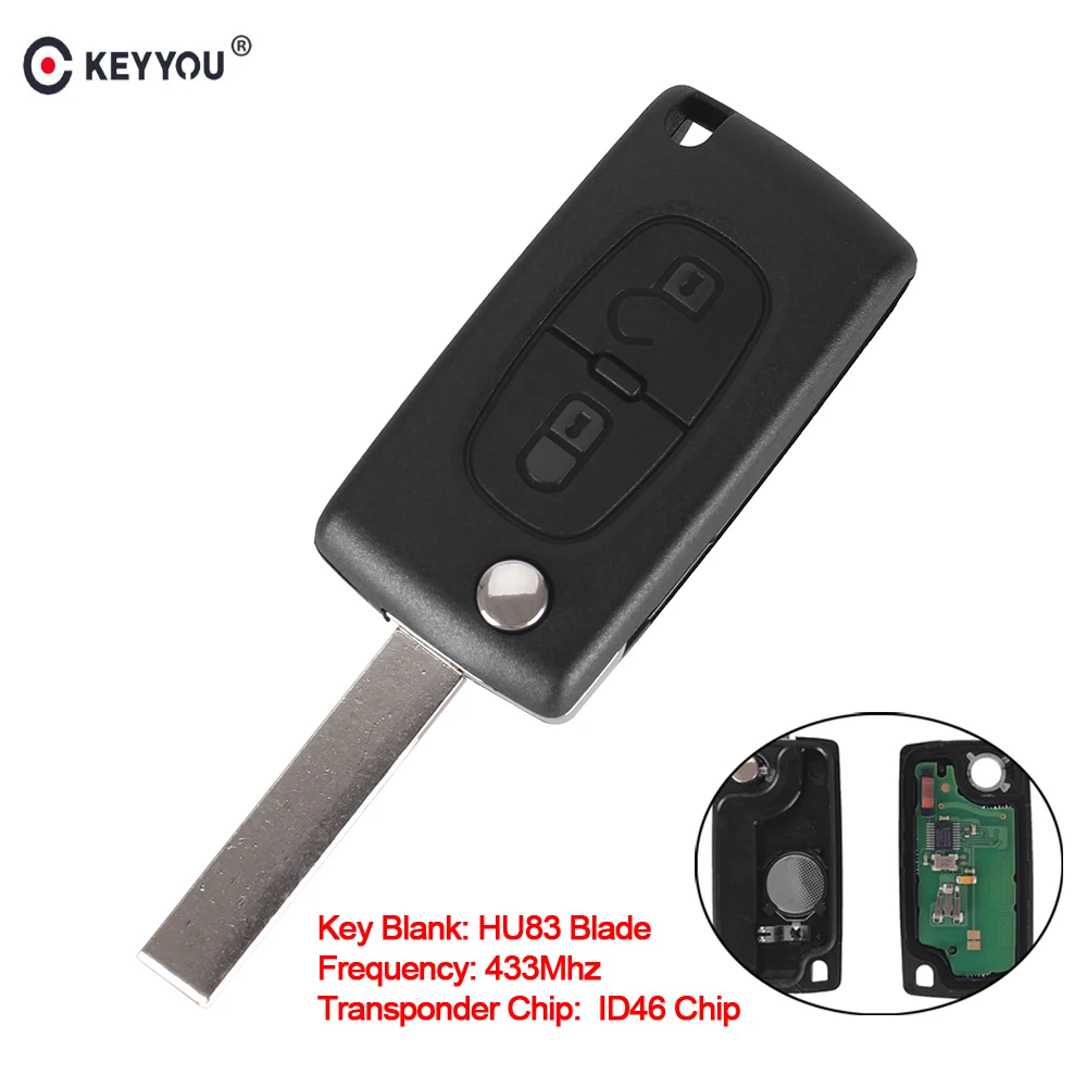 Ключ KEYYOU Складной автомобильный 2 кнопки для PEUGEOT 407 408 307 308 107 207 433 МГц чип ID46 с HU83