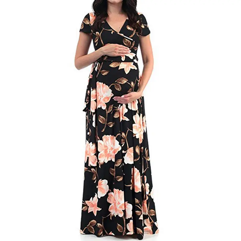 Maternity Floral Short-Sleeved Dress Women's Floral Short-Sleeved Dress Pregnant Women Maternity Long Dress Summer Pregnancy