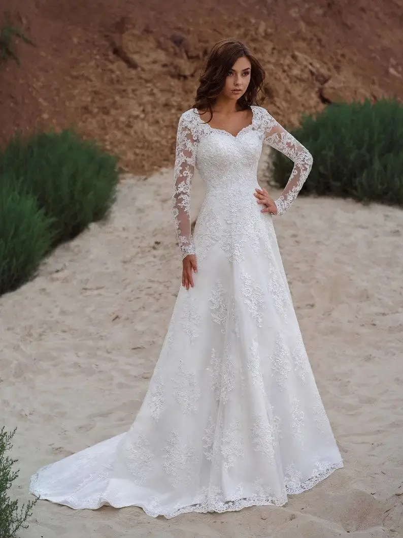 Vestios De Novia Lace Up A-line Wedding Gowns V-neck Appliques Long Sleeves Garden Elegant Bridal Dresses with See hrough Back images - 6