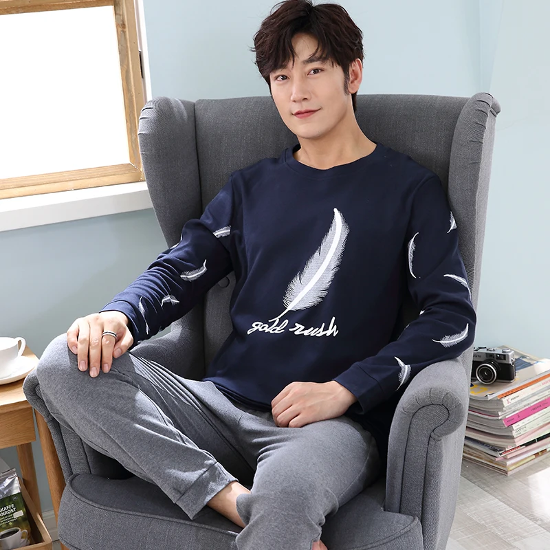 

Men's Pajamas Set Autumn Winter Leisure Elastic Waist Men Sleepwear Cotton Men's Long Sleeve Nightwear Top Long Pant Home Cloth