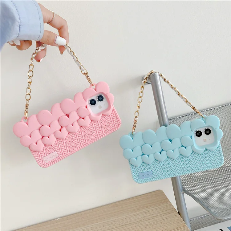 

INS Cute Love Heart Phone Case Bracelet Wrist Chain for IPhone 12 Pro Max 11 XS Max XR X 7 8 Plus Candy Color Silicone Cover