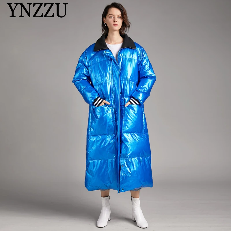 

Women Lare size Down coat 2021 Winter Fashion High collar Thick Warm Female Long Coat Loose Elegant Bright Outwear YNZZU 9O116