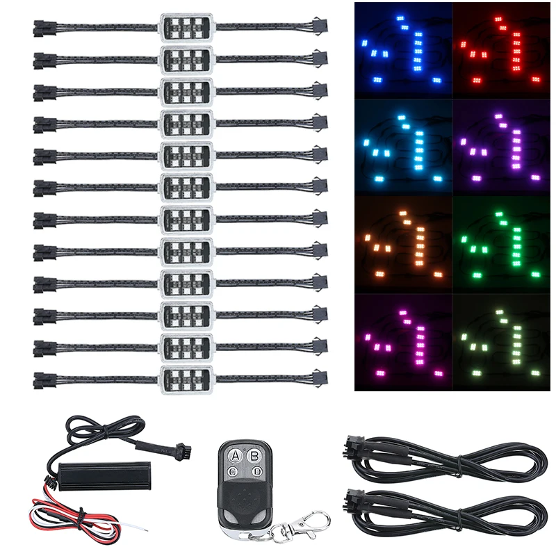 

Светодиодная лампа RGB 6 SMD для мотоцикла, автомобиля, 12 шт., умный стоп-сигнал с беспроводным пультом дистанционного управления, декоративная ...