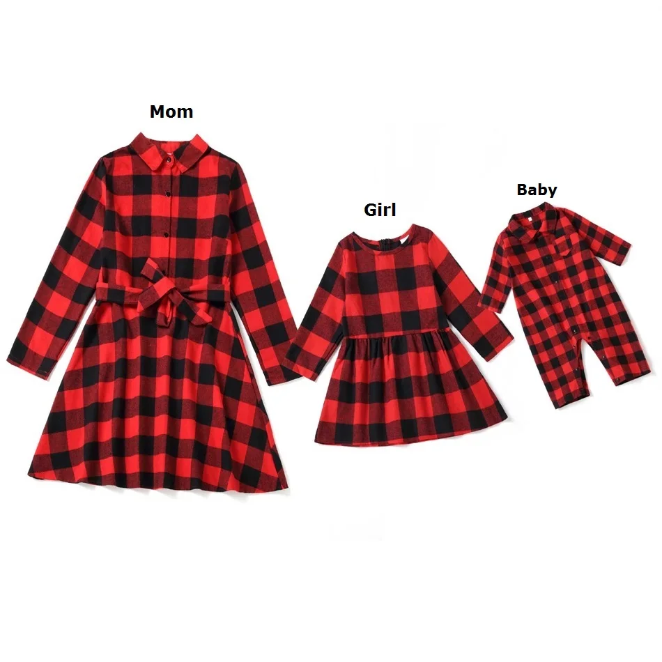 Christmas Family Set Plaid Mother Daughter Matching Dresses Long Sleeve Mom Baby Mommy and Me Clothes Autumn Women & Girls Dress