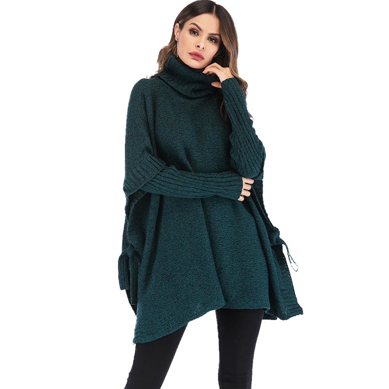 Свитер женский осенне-зимний теплый однотонный вязаный с длинным рукавом пончо