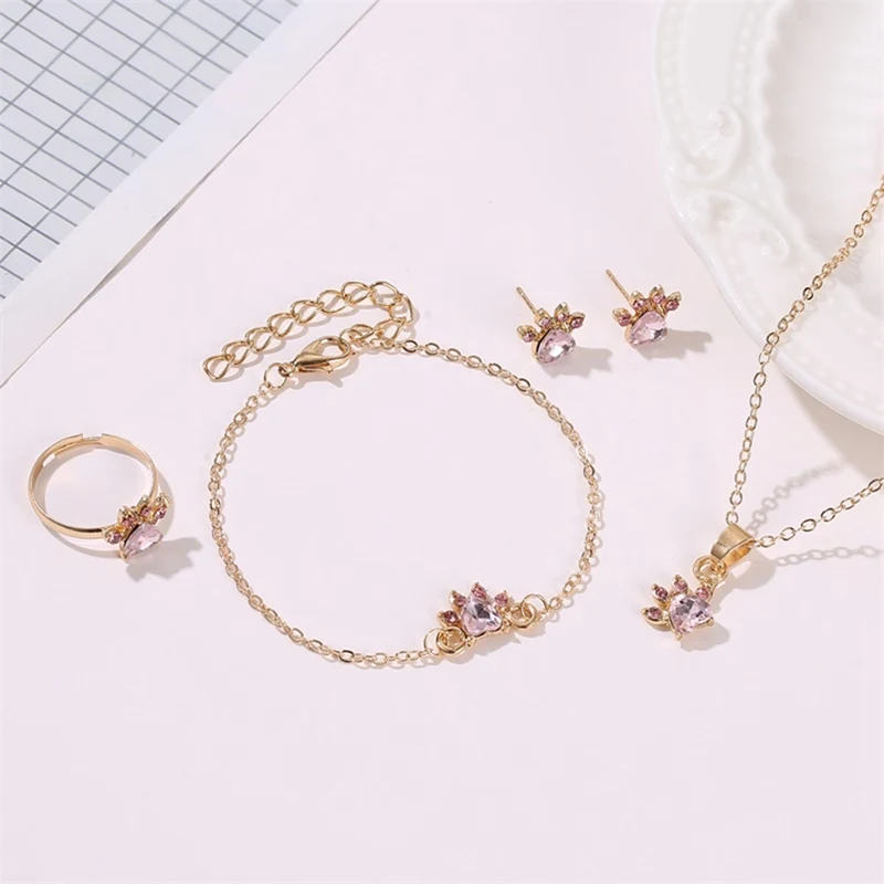 Women Fashion Bear Paw Cat Claw Jewelry Sets For Rose Gold Rings Stud Earrings Necklace Bracelet Wedding Gifts | Украшения и