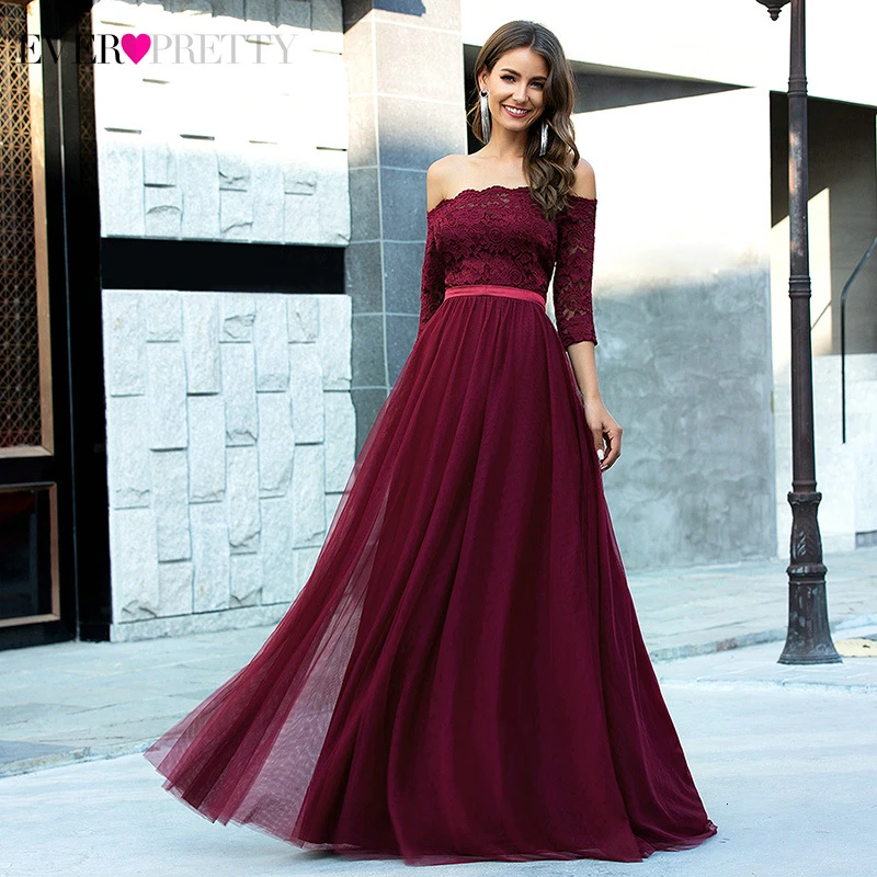 

Burgundy Lace Evening Dresses Ever Pretty EP00726BD Off Shoulder A-Line 3/4 Sleeve Ruched Floral Party Gowns Vestidos Elegantes