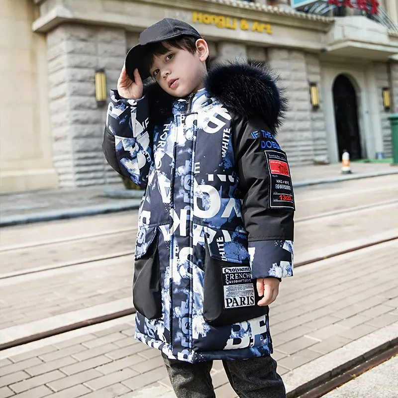 

3-8y Boys Jackets Children Winter Boys Long Style Duck Down Coat Big Fur Windproof With Hooded Thickened Warm Kids Snowsuits