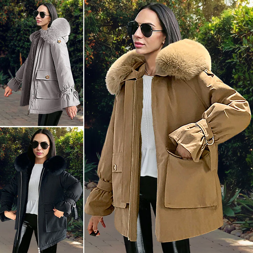 Women's Winter New Hooded Thick Warm Jacket Mid-Length Black Brown Jacket Fashion Fur Collar Casual Parker Jacket S-XXL