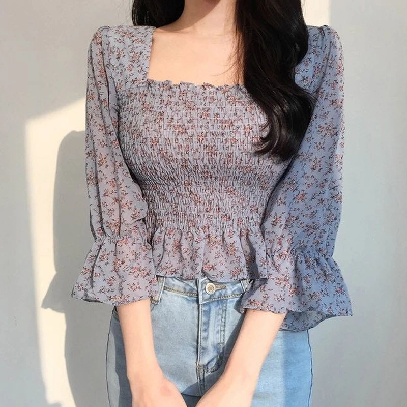 2021 повседневное Flare рукавом шифоновая рубашка в складку женская Blusas Mujer осень