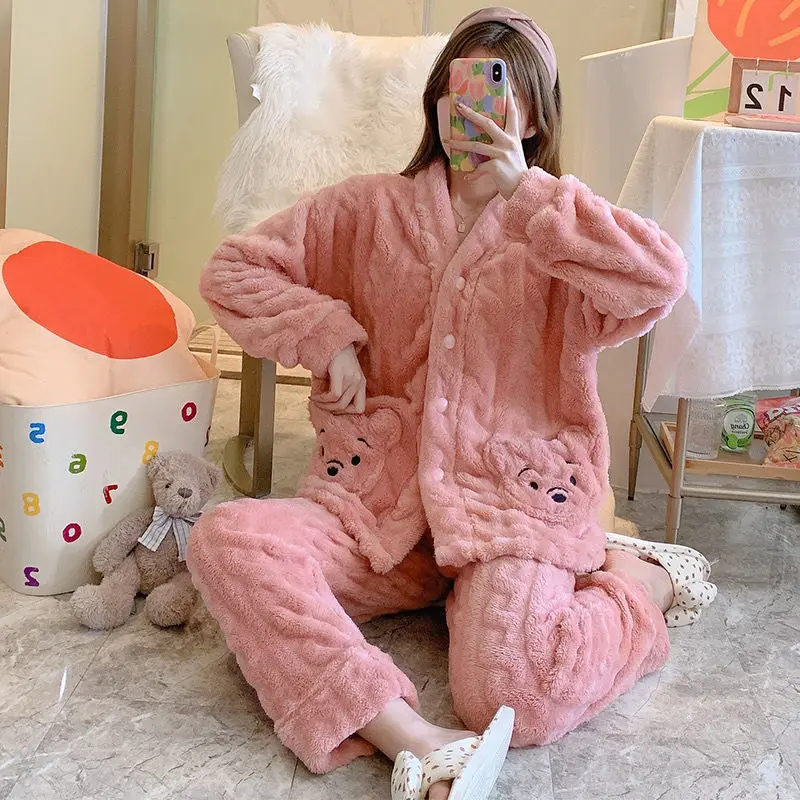 Coral Velvet Pajamas Women's Winter Plush Thickened Cardigan New Cute Cartoon Flannel Home Clothes Winter Set Pajamas for Women