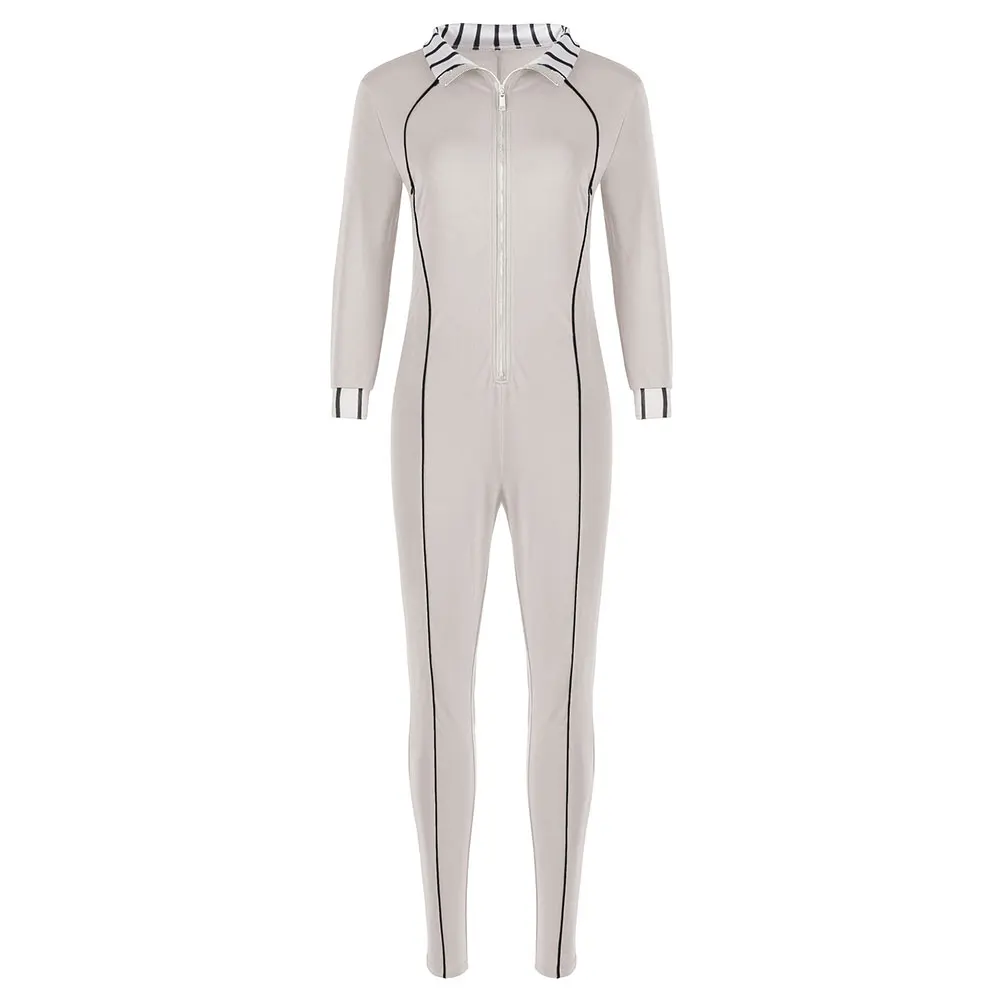 

Women Jumpsuit Slim V-neck Clubwear Striped Zipper Bodycon Overalls Autumn 2020 Sexy Women Bodysuit Long Sleeve Romper 2020