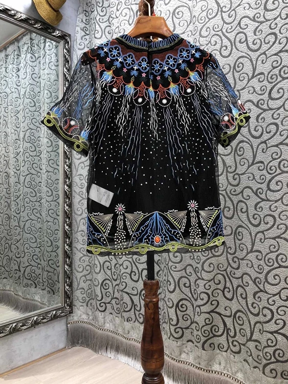 

2021 spring new women's fashion round neck printing pattern color matching decoration short sleeve versatile top 304