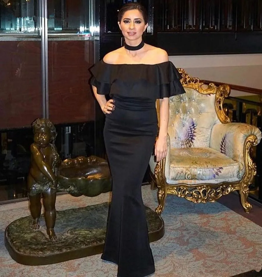 

Classical Black Evening Dresses Mermaid Long Prom Dress Bateau Neck Short Sleeves Vestidos De Noche Zipper Back