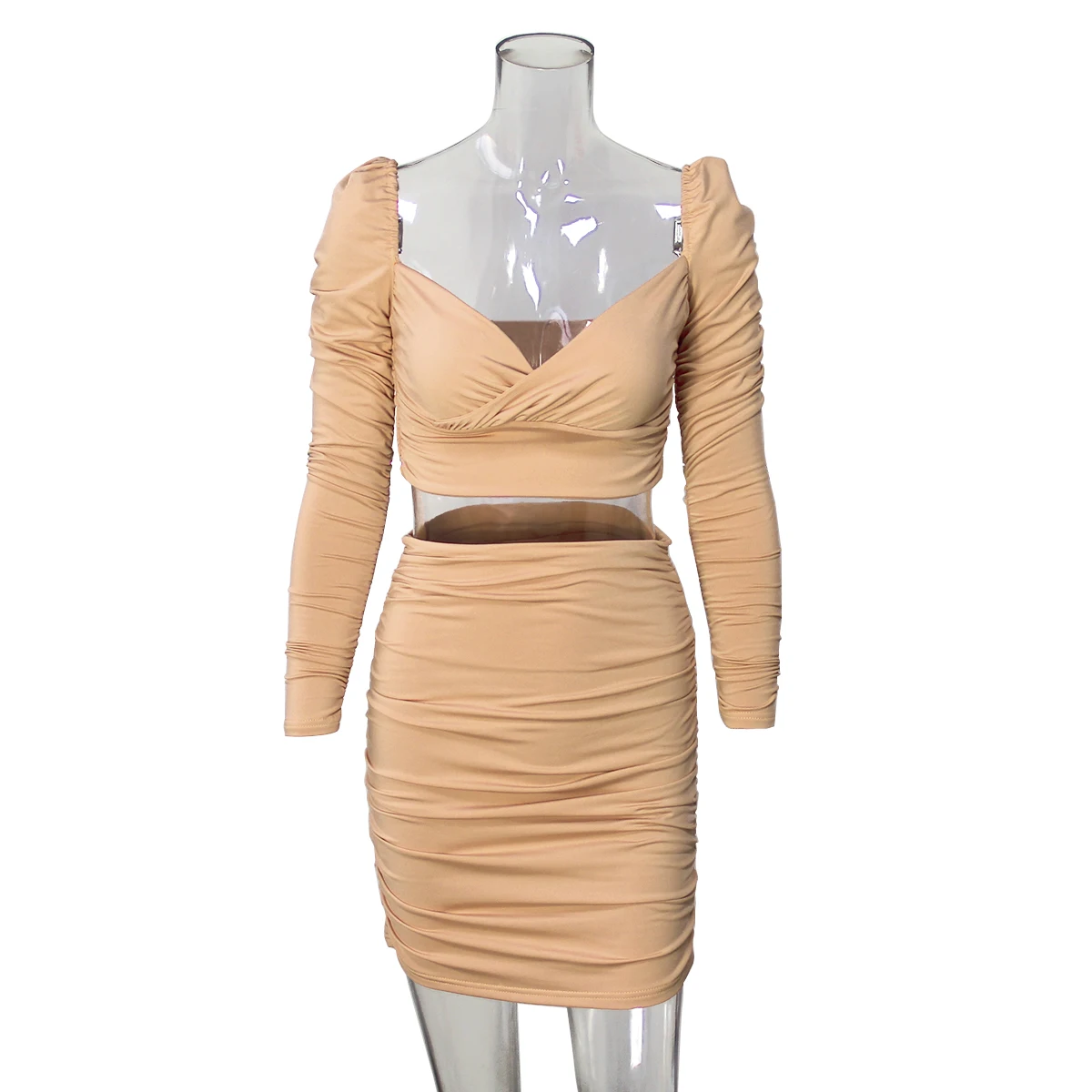 

hirigin Sexy Backless Ruched Mesh Dress Women Long Sleeve Crop Top And Bodycon Dresses Two Piece Set Autumn Party Short Vestidos