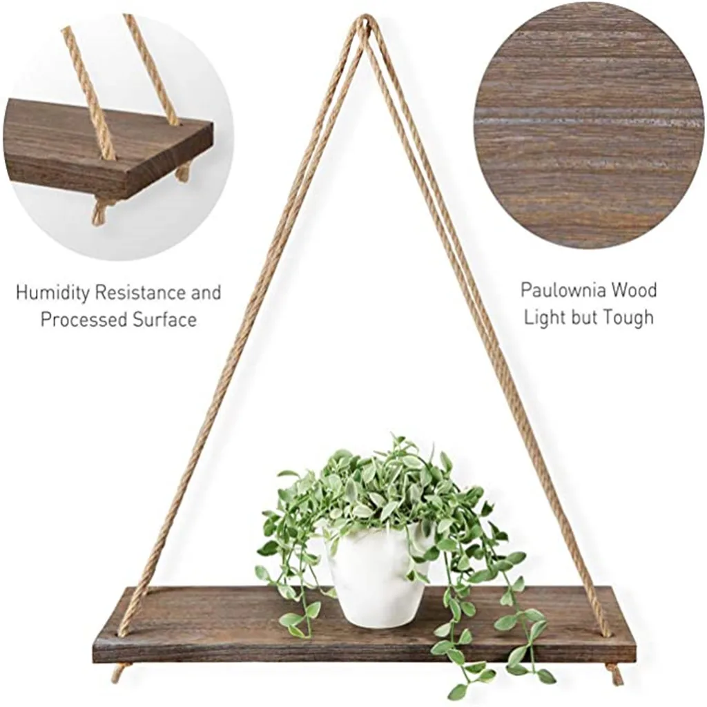 

Premium Wood Swing Hanging Rope Wall Mounted Floating Shelves Plant Flower Pot #5