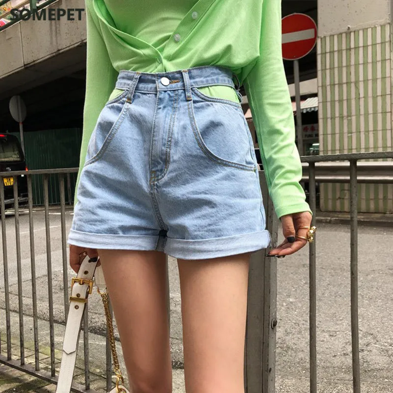 

Шорты женские джинсовые с высокой талией, ажурные Широкие штаны из денима с завышенной талией в Корейском стиле, уличная одежда для девушек,...