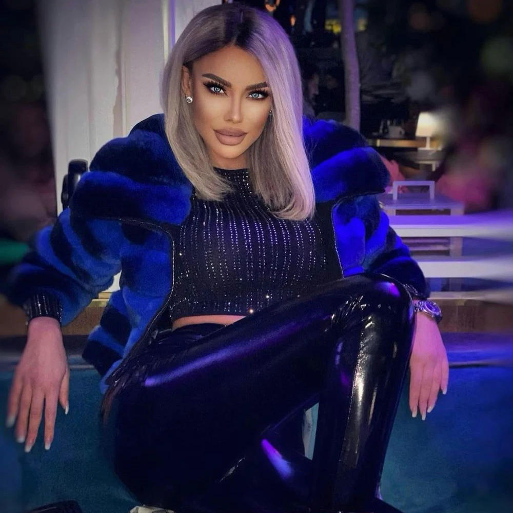 Fashion Short Real Rex Rabbit Fur Jacket with Big Lapel Collar Woman Winter New Royal Blue Genuine Rex Rabbit Fur Coat Outwear