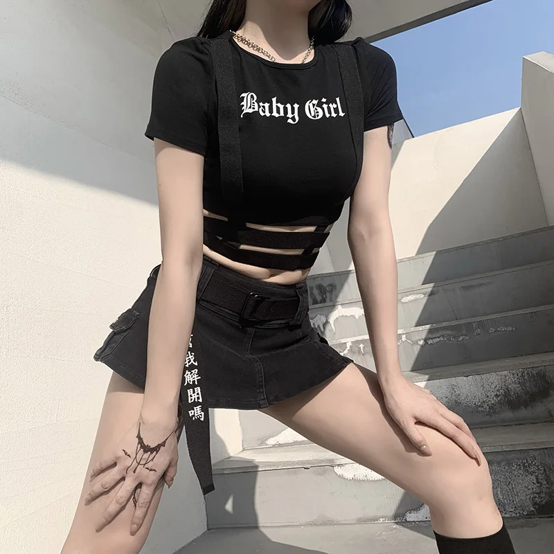 

Goth Sexy T-shirt Tops Letter Printing Crop Tops Black Hollow Out Harajuku Moto T-shirts Punk O Neck Girl Club Bar Short Sleeves