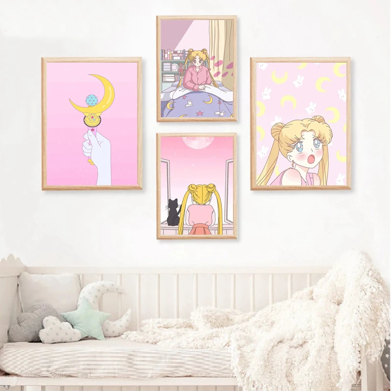 

Nordic Animated Character Printed Poster Sailor Moon Pink Background Cat Canvas Oil Painting Wall Art Modern Girl Bedroom Decor