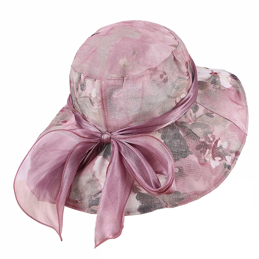 Women Flower Sun Hats Wide Brim Anti-UV Foldable Bucket Hat Beach Visor Cap Fashion Panama Female  bow Caps