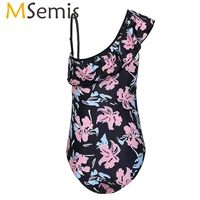 womens maternity swimsuits pregnant swimwear asymmetric one shoulder printed floral pattern falbala one piece swimming suit
