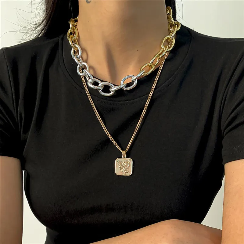 

Punk Multi Layered Rose Flower Sequins Choker Pendant Necklace For Women Vintage Mix Color Portrait Chunky Chain Necklace Jewely
