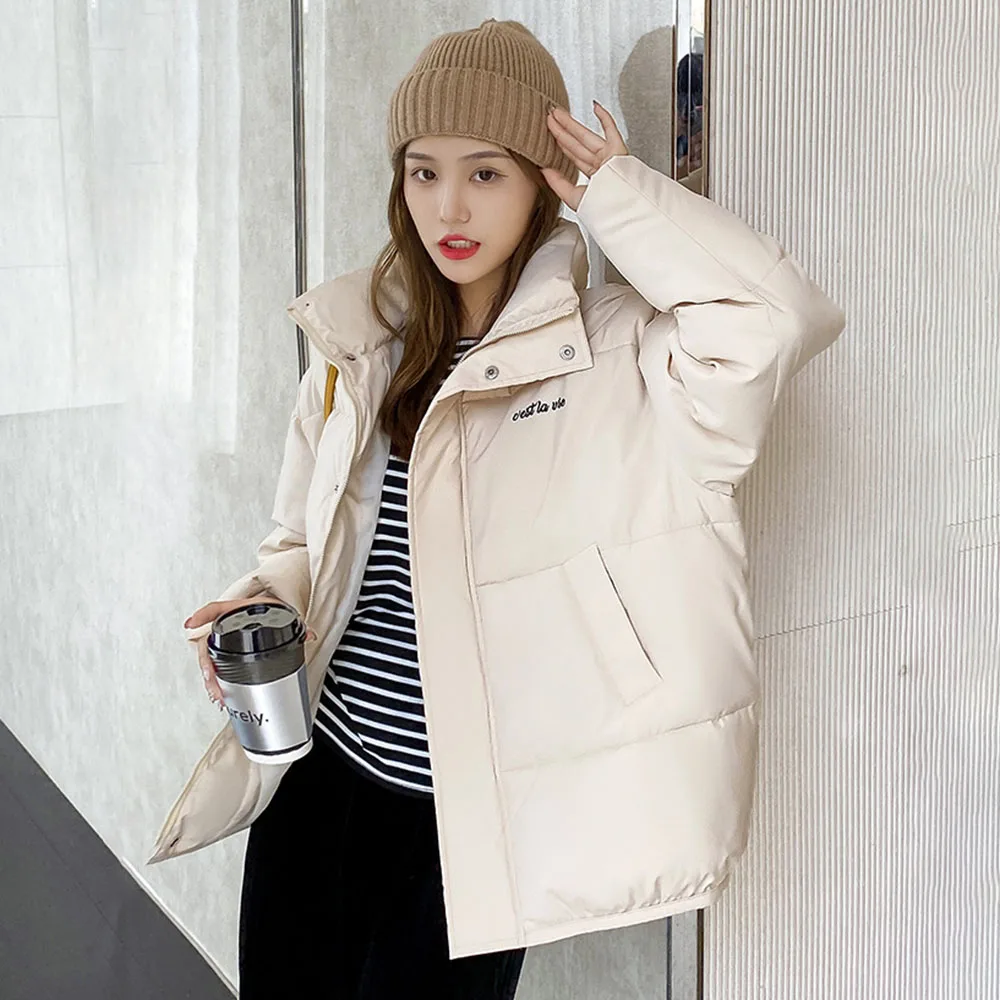 

2021 Winter New Solid Color Cotton Padded Jacket Fashion Casual Womens Thicken Warm Purple Single Breasted Long Sleeve Coat